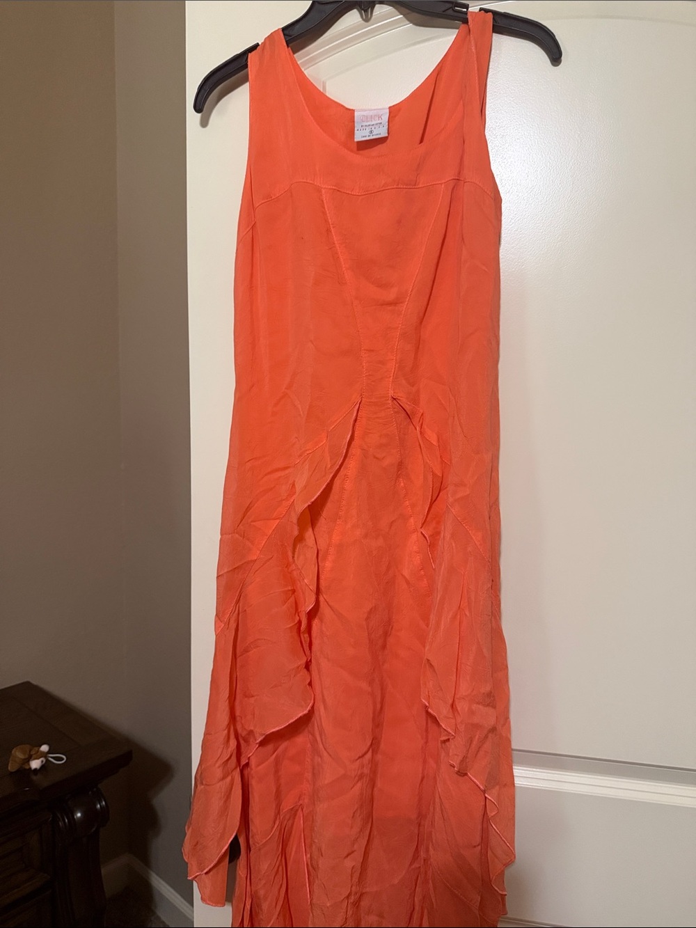 Sleeveless Orange Ruffle-Front Maxi Dress